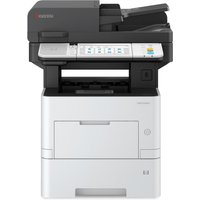 Black and white Kyocera laser printer with touchscreen, paper tray, and document feeder on top.