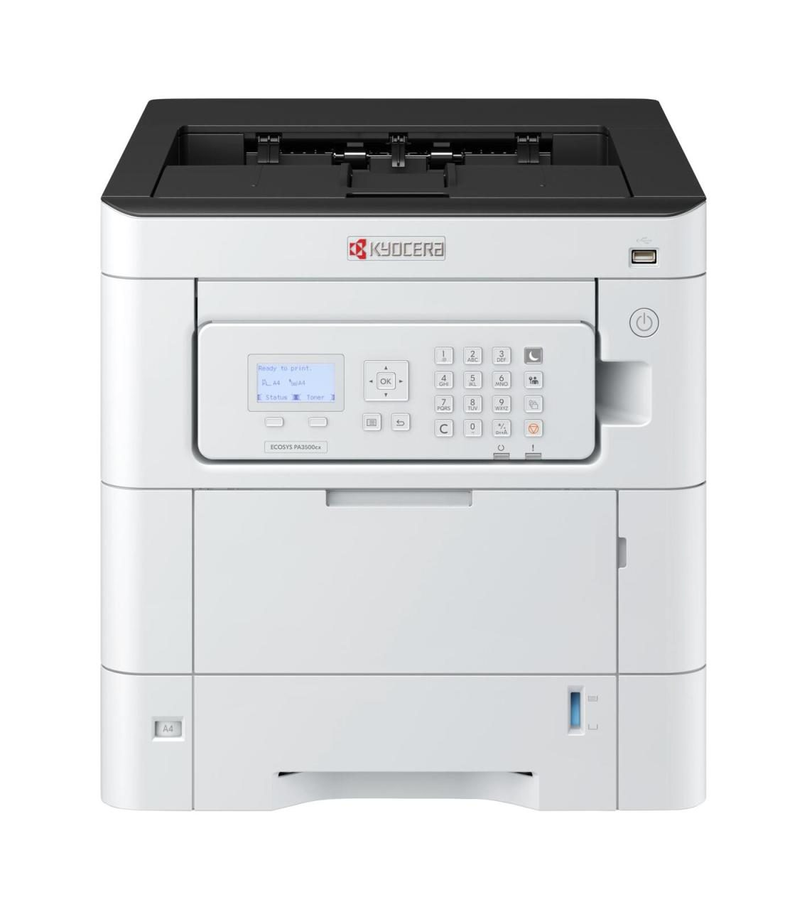 Kyocera ECOSYS PA3500cx printer in white with a black top, featuring a control panel with a digital display and buttons, designed for A4 color printing at 1200 x 1200 DPI.