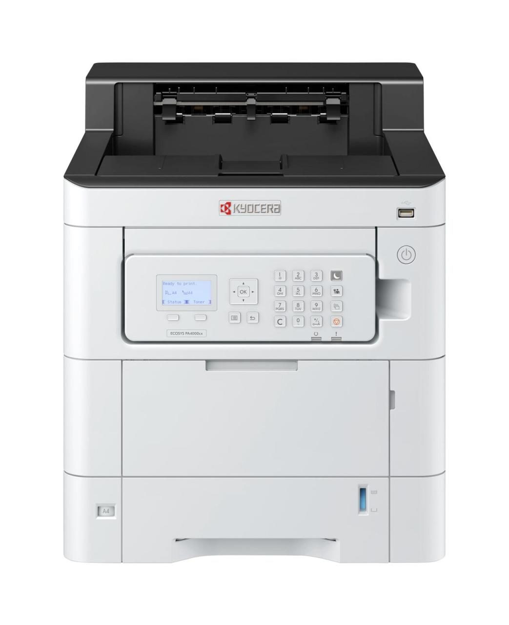 KYOPA4000CX A4 color laser printer in white with a black top, featuring a control panel with buttons and a digital display, designed for efficient printing and scanning.