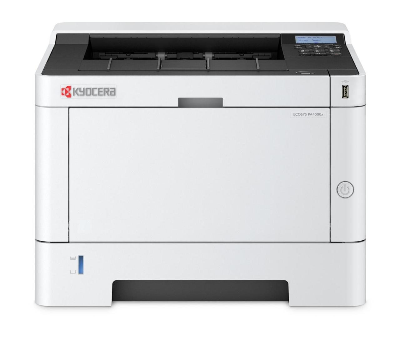 Compact white laser printer with a sleek design, featuring a control panel on the top right, paper tray at the front, and an eco-friendly label, capable of 1200 x 1200 DPI printing.