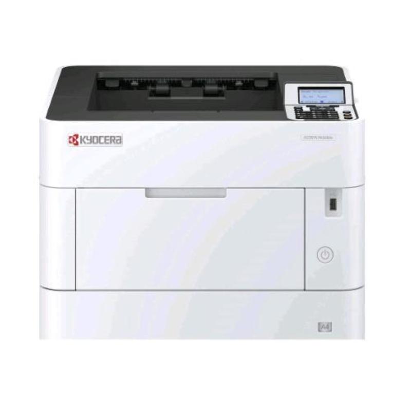 Kyocera PA5000x printer in white, featuring a top control panel with a display and buttons, a front paper tray, and a sleek, compact design suitable for A4 printing at 1200 DPI.