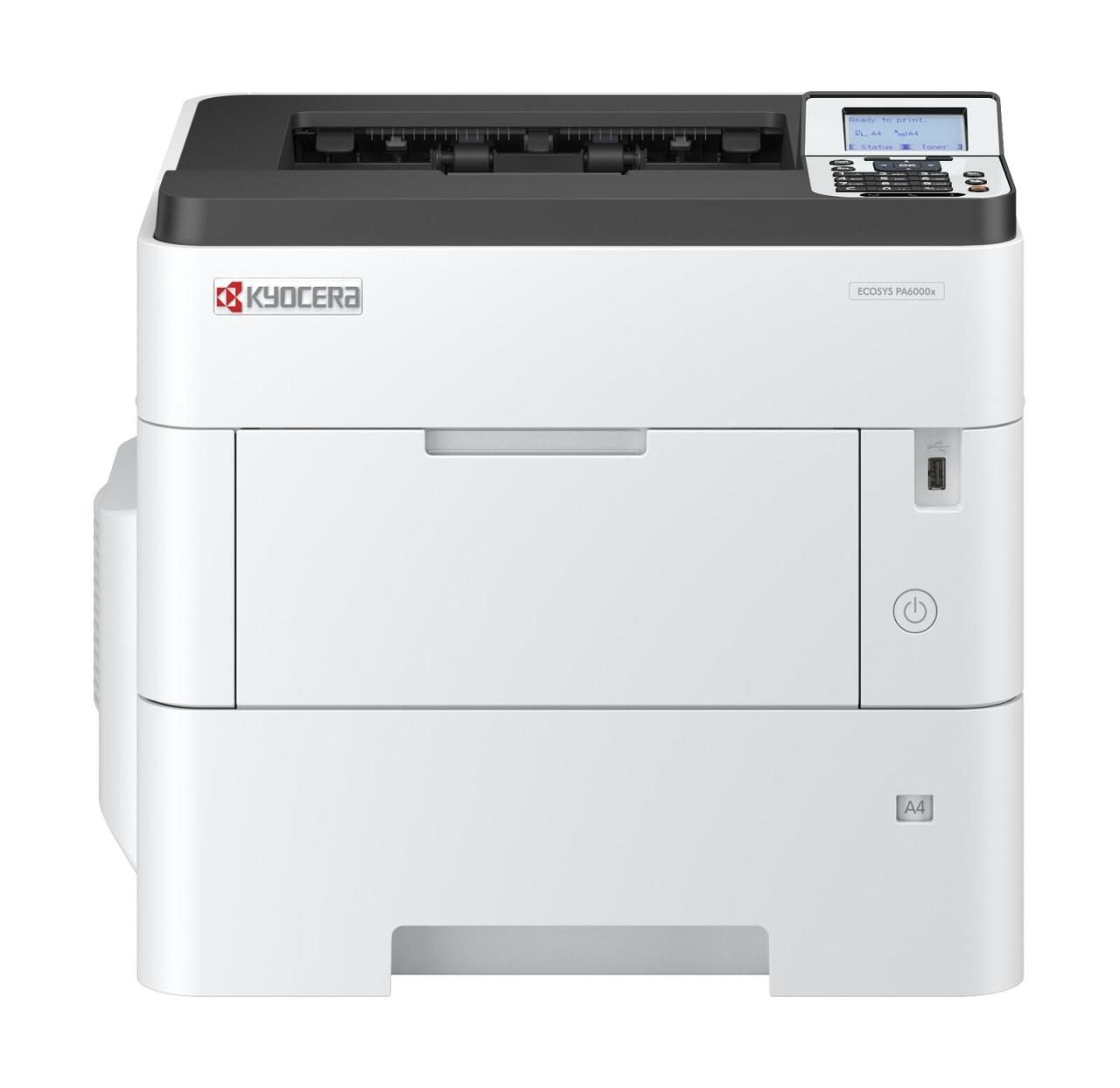 Compact white Kyocera PA6000x printer with a black top, featuring a control panel with a display, a front paper tray, and an A4 size capability at 1200 x 1200 DPI.