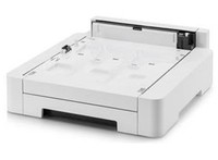 White plastic 250-sheet paper feed tray with a flat design, featuring a pull-out drawer and adjustable paper guides for various paper sizes.
