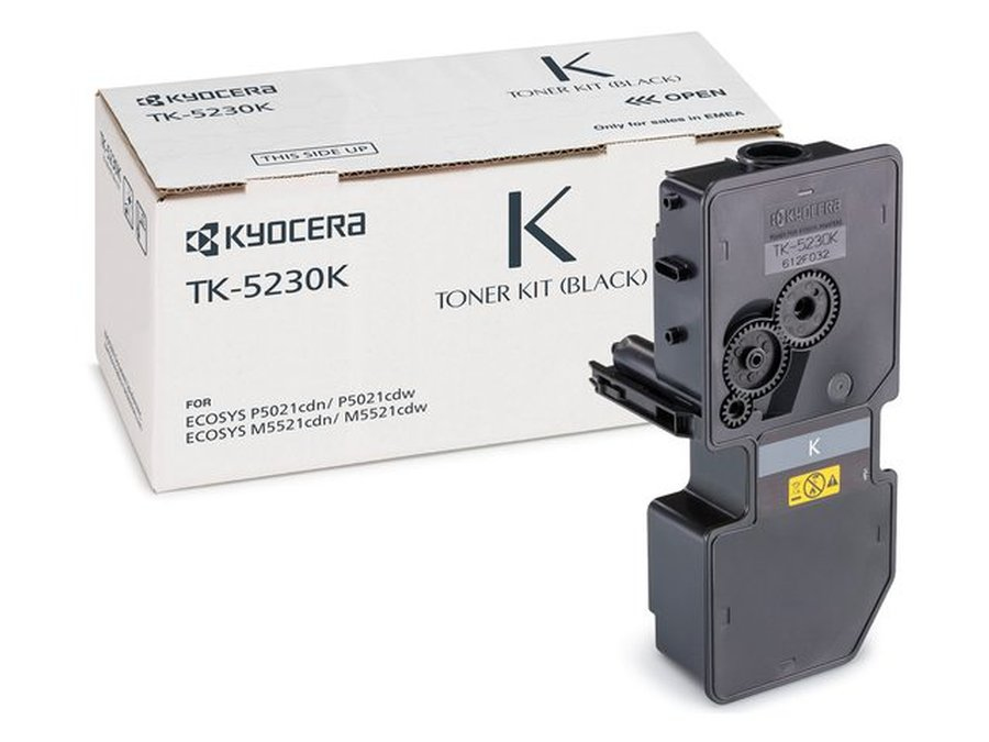 Black Kyocera TK-5230 toner cartridge with a compact design, featuring gears on the side, labeled for use with specific printer models, and packaged in a white box.