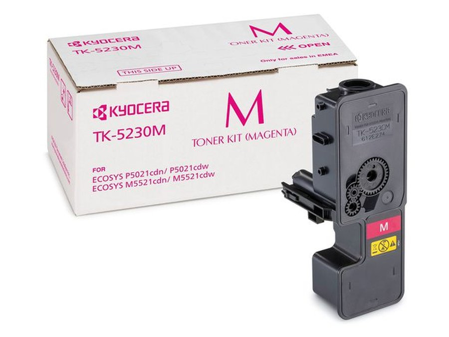 Original magenta toner cartridge by Kyocera, model TK-5230, displayed next to its white box featuring pink accents and product details, designed for specific printer models.