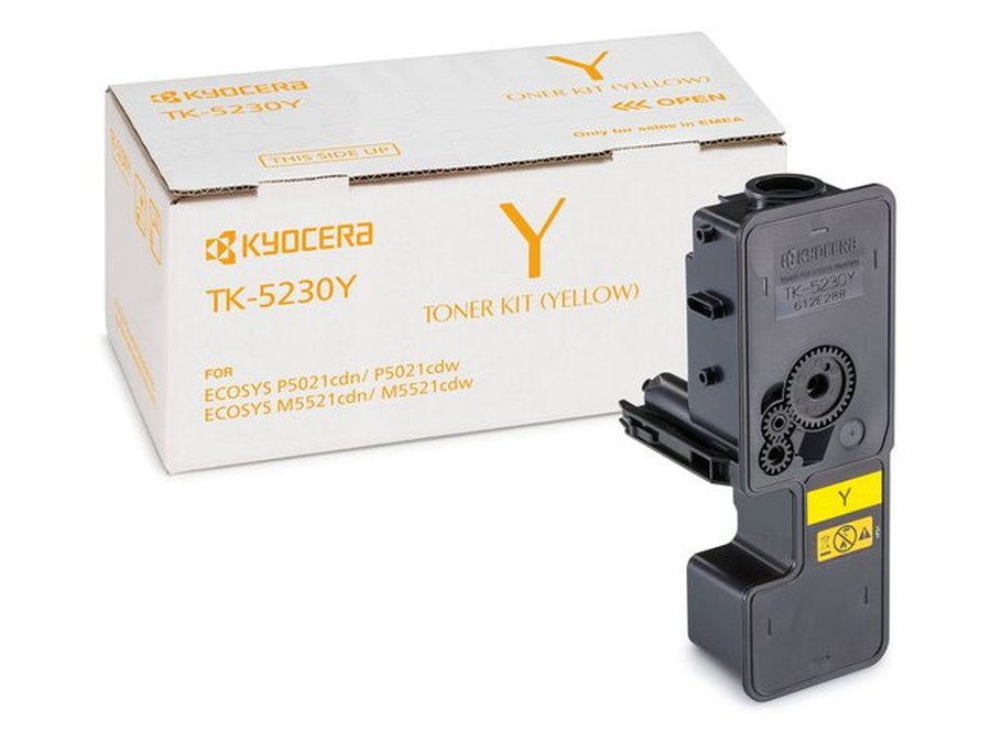 Original yellow KYOCERA TK-5230 toner cartridge with a black plastic body, featuring a yellow label and gears, alongside a white box displaying product details.