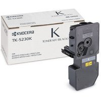 Black Kyocera TK-5230K toner cartridge with rectangular design, next to white packaging box with product details.