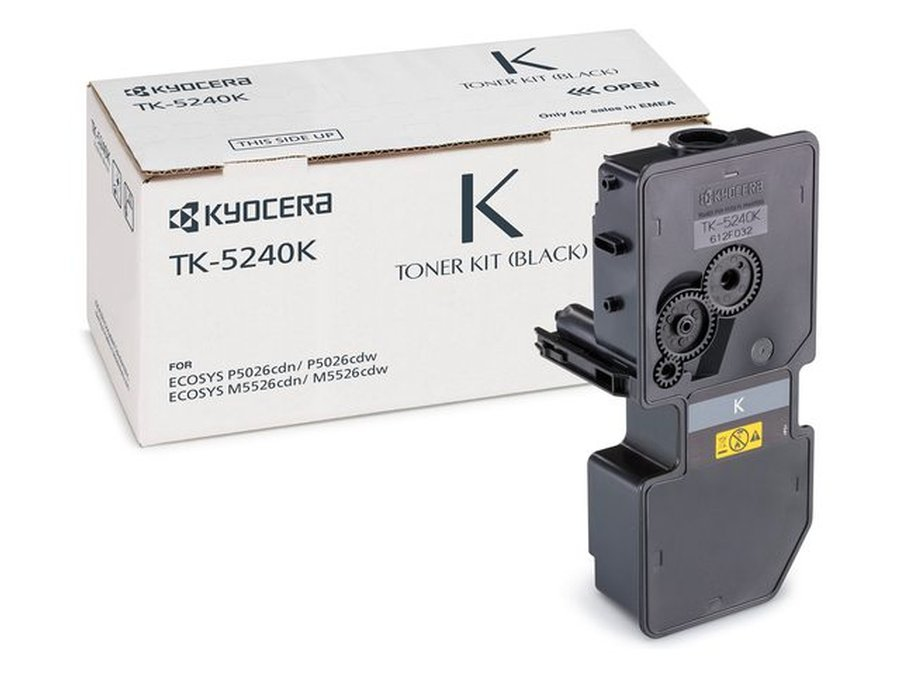 Black Kyocera TK-5240 toner cartridge with a compact design, featuring gears and a warning label, alongside a white box displaying the product name and model number.