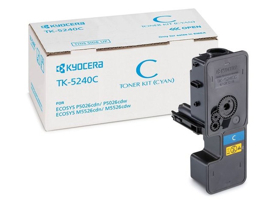 Original cyan toner cartridge in black plastic with a blue label, packaged in a white box featuring the Kyocera logo and model number TK-5240, designed for specific printer models.