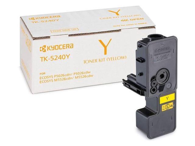 Original yellow toner cartridge by Kyocera, model TK-5240, displayed beside its branded box, featuring a black plastic body with gears and a yellow label.