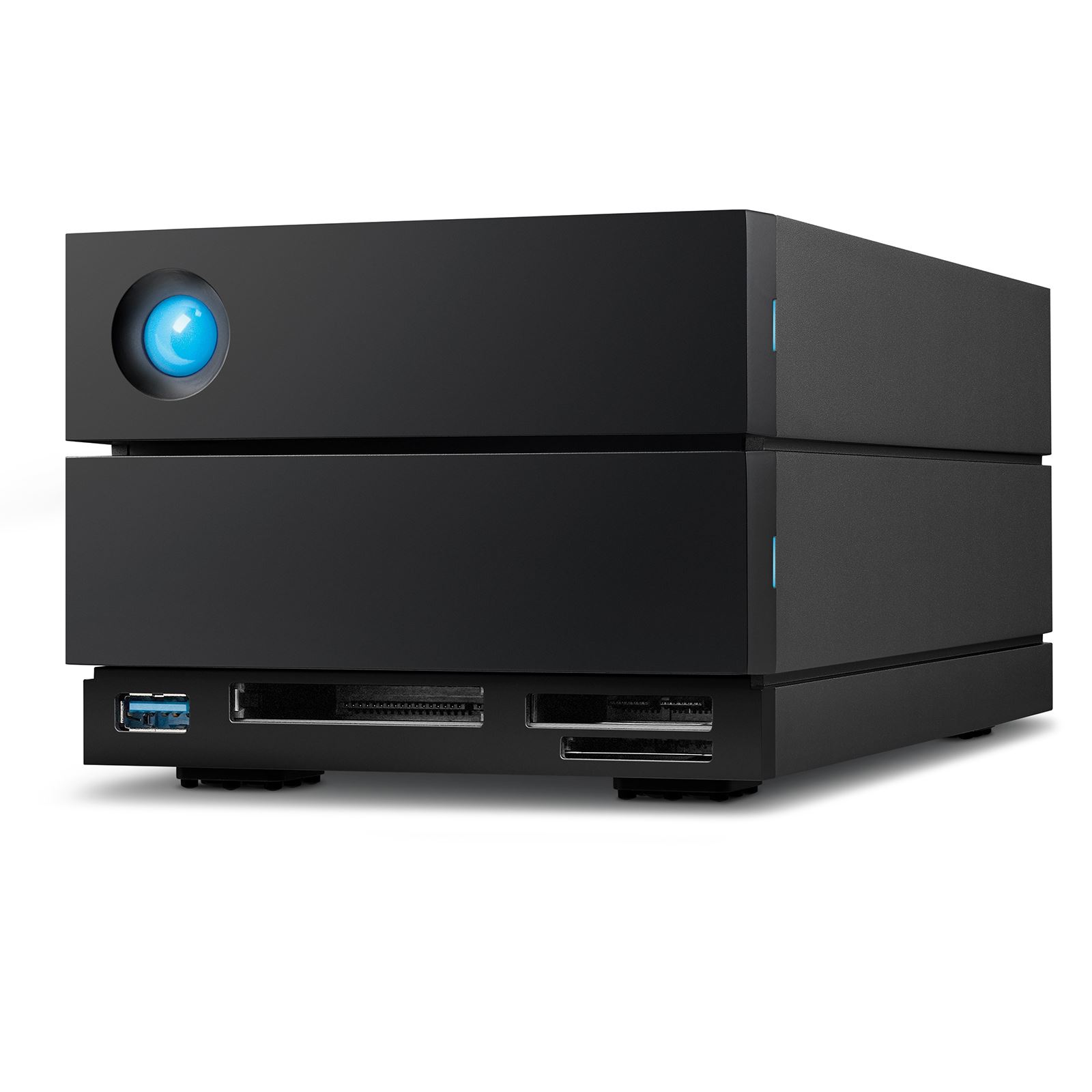LaCie 2BIG DOCK Disk Array in sleek black, featuring a blue power button, dual stacked design, USB and card reader ports on the front, and a 16 TB storage capacity.