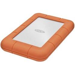 LaCie 2TB Rugged Mini external hard drive features a silver metal surface encased in bright orange rubber, designed for durability and portability with USB 3.0 connectivity.