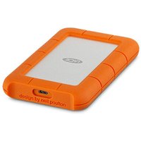 Orange and silver LaCie Rugged USB-C external hard drive, 4TB, 2.5" with protective rubber casing.