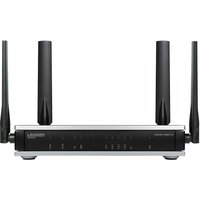 Black LANCOM 1800EF-5G router with four antennas and LED indicators on the front panel.