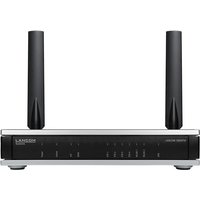 LANCOM 1800EFW router, black front panel, two vertical antennas, silver base.