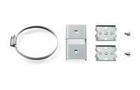 A silver metal mounting kit including a clamp, two square brackets, and screws, designed for securing LANCOM IAP devices.