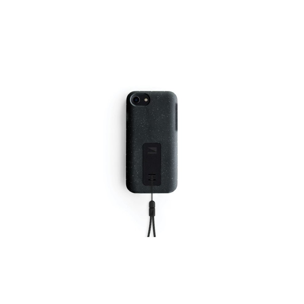 Black speckled phone case for iPhone 6/6s/7/8, featuring a textured finish, cutouts for buttons and ports, and a built-in lanyard attachment.