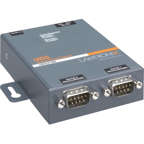 Gray metal device server with two serial ports (RS232/RS485), labeled "UDS2100," featuring an international power supply and a mounting bracket.