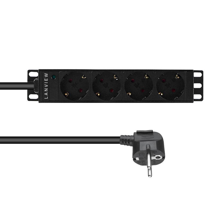 Black 10-inch power strip with four Schuko outlets, featuring a sturdy design and a black power cord with a plug, ideal for European electrical systems.