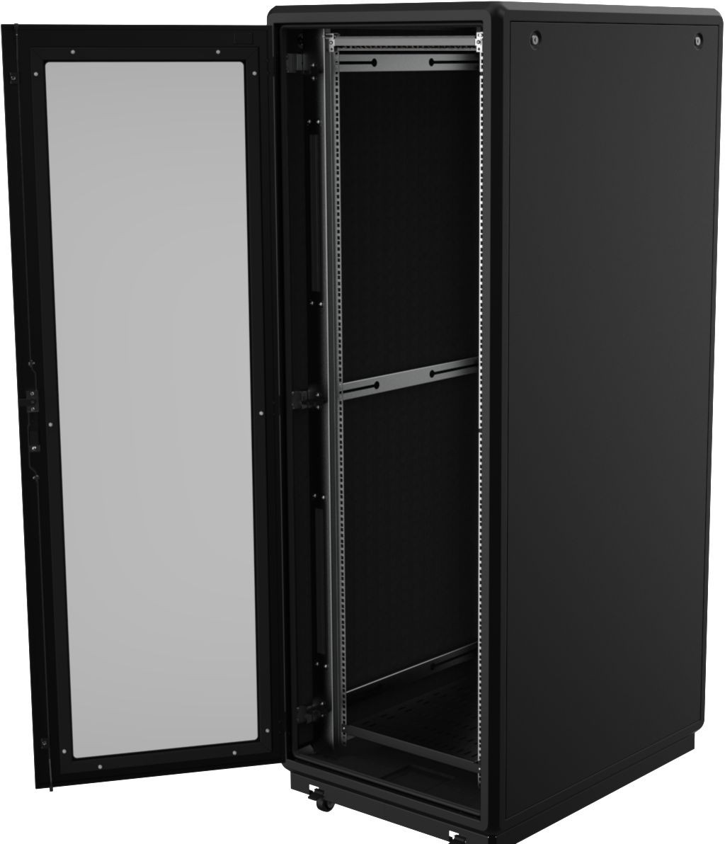 Black 19" 26U rack cabinet with a glass door, featuring adjustable shelves and a spacious interior, designed for secure equipment storage.