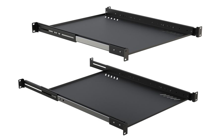 Black metal sliding rack shelf with a smooth surface, featuring adjustable mounting brackets and ventilation slots on the sides for airflow.