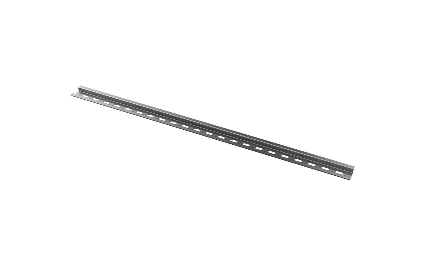 Silver metal DIN rail measuring 500mm in length and 7.5mm in depth, featuring multiple holes for mounting and a smooth, flat surface.