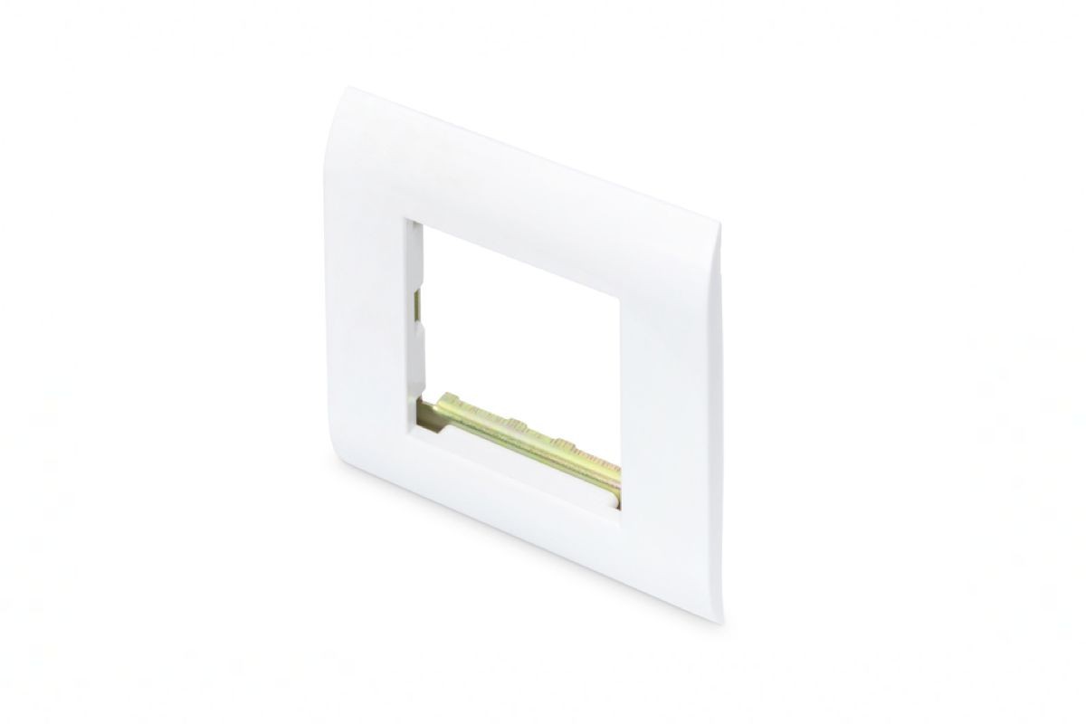 White plastic frame with a rectangular opening, designed for mounting, featuring a smooth finish and rounded edges, ideal for electrical or network installations.