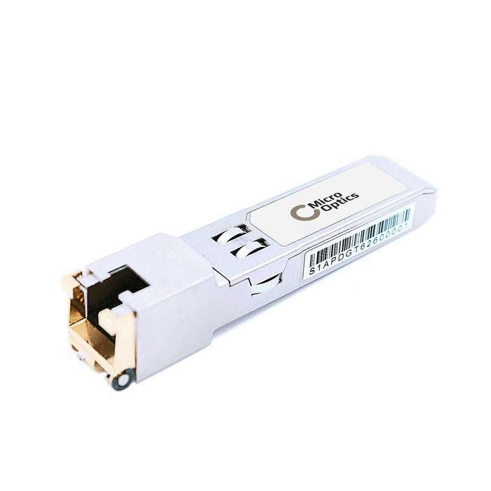 Silver optical transceiver module with a gold-plated connector, featuring a label with "Micro Optics" and a barcode, designed for network connectivity.