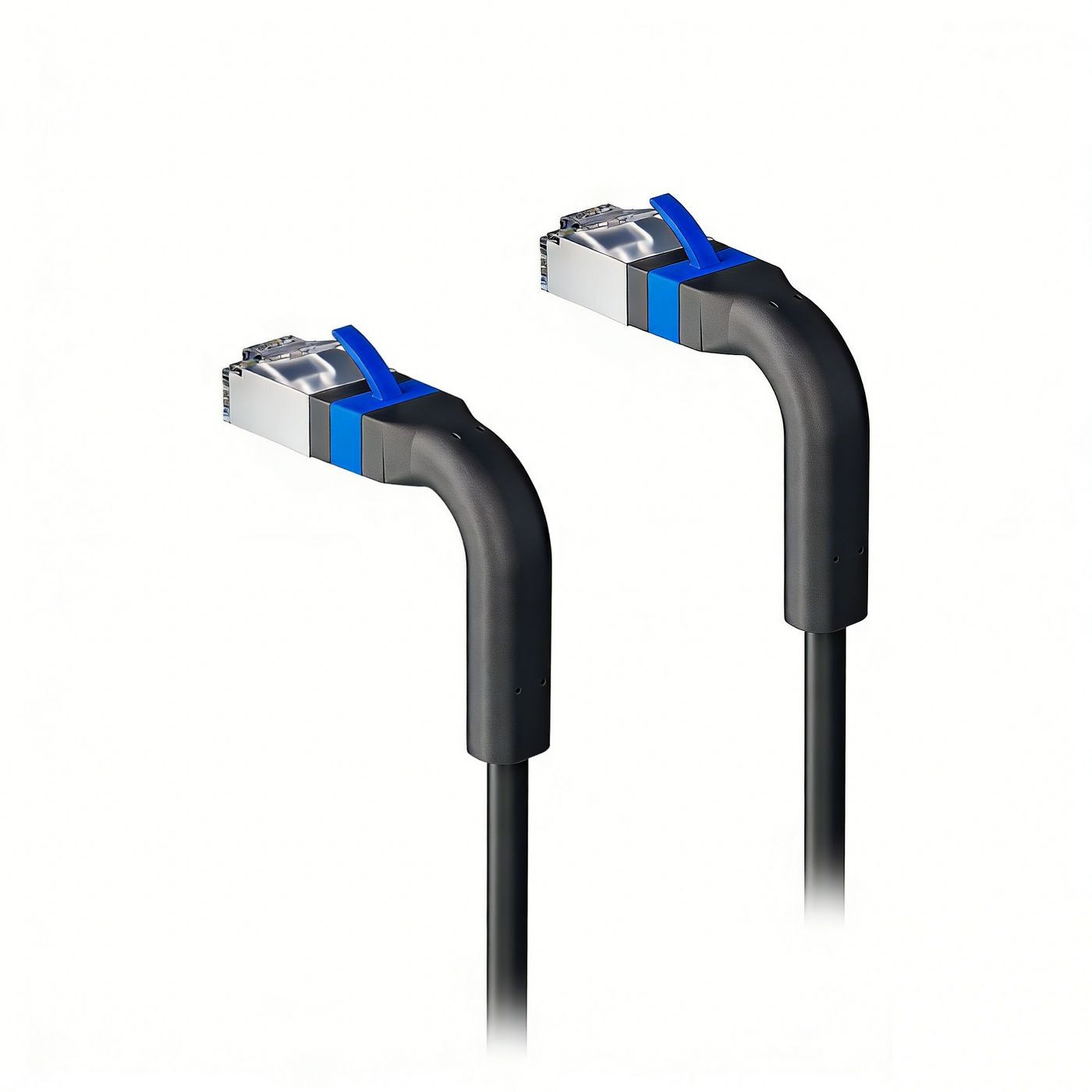 Black networking cable with flexible angled connectors, featuring blue accents on the connectors, designed for efficient data transmission.