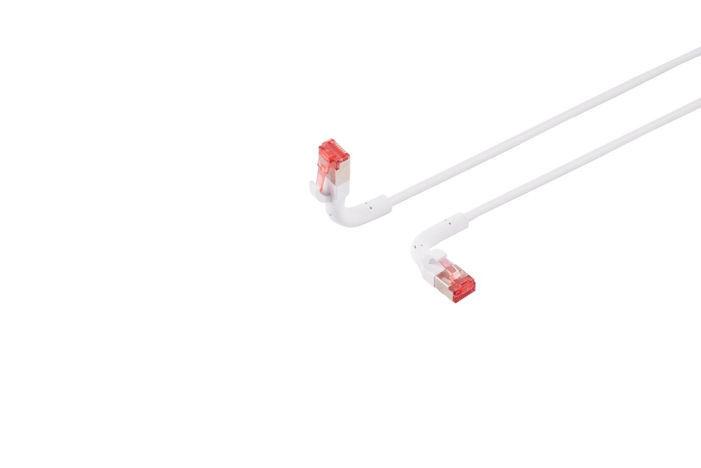 White networking cable with flexible angled connectors, featuring transparent red clips, designed for easy installation in tight spaces.