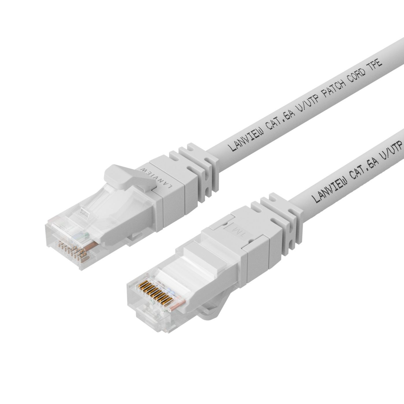 White Lanview LV-SFTP6A15W networking cable, 15 meters long, featuring S/FTP (S-STP) connectors with transparent ends and labeled with "LANVIEW CAT.6A UVTP PATCH CORD F/UTP."