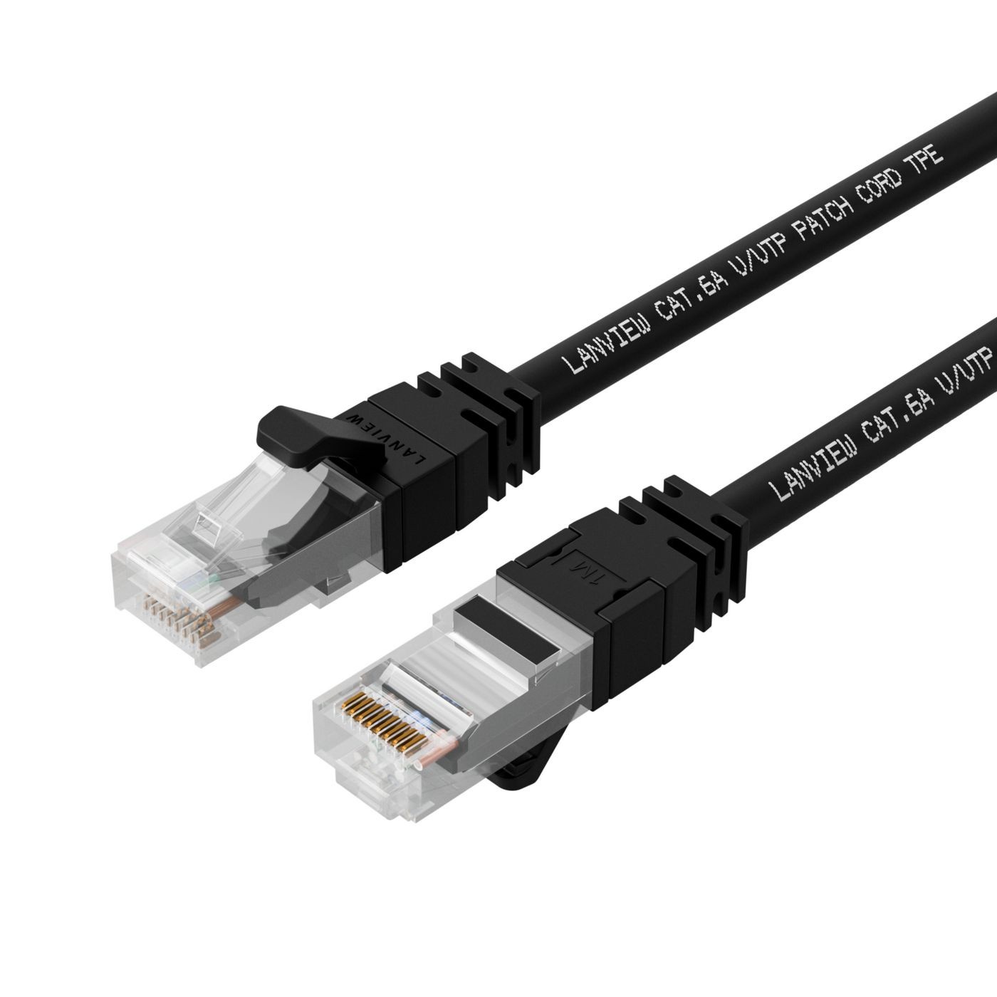 Black 20-meter S/FTP networking cable with clear connectors, labeled "LANVIEW CAT 6A U/UTP PATCH CORD TPE" on the cable, designed for high-speed data transmission.