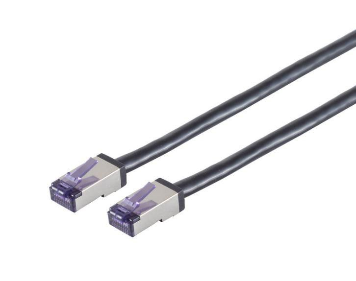 Black 0.5 meter S/FTP networking cable featuring two metal connectors with purple clips on each end, designed for high-performance data transmission.