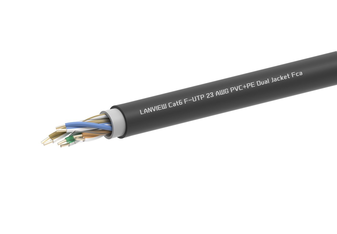 Black networking cable with a dual PVC and PE jacket, featuring twisted pairs of wires in blue, orange, green, and brown, labeled "LANVIEW Cat6 F-UTP 23 AWG."