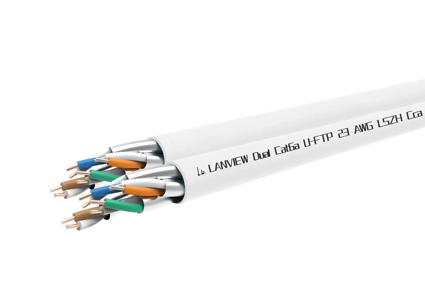 White Lanview LVN122163 networking cable featuring twisted pairs with blue, orange, green, and brown wires, designed for U/FTP 23 AWG connections.