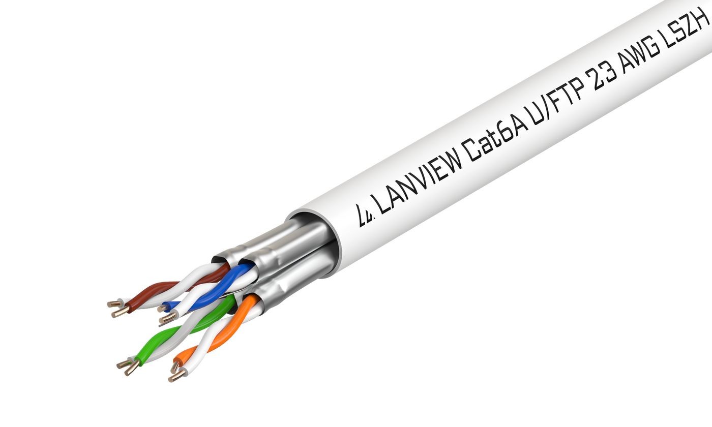 White networking cable with a 500-meter length, labeled "LANVIEW Cat6a U/FTP 23 AWG LSZH," featuring twisted pairs of colored wires: blue, orange, green, and brown.