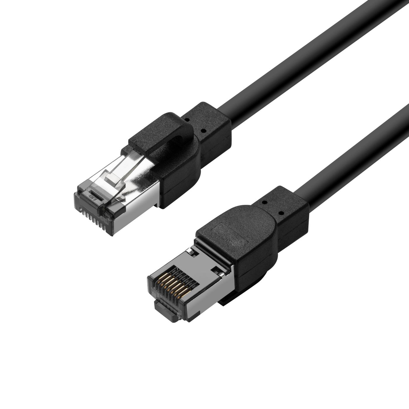 Black 40-meter Cat6a S/FTP networking cable with sturdy connectors, featuring a transparent clip on one end and a gold-plated connector on the other for enhanced performance.