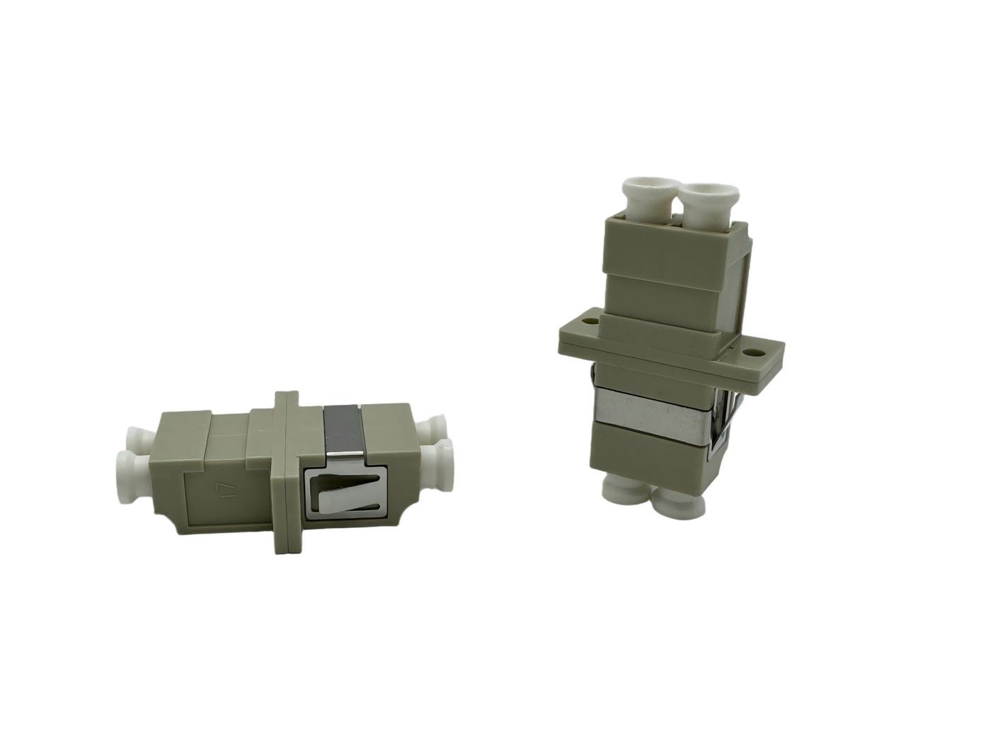 Lanview LVO-LC-CON-OM1/2 fibre optic connector in grey plastic with white ceramic ferrules, featuring a metal clip for secure connection and compact design.