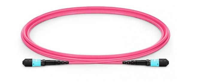 Violet 3-meter InfiniBand/fibre optic cable with black and turquoise connectors, featuring a flexible, durable design for high-speed data transmission.