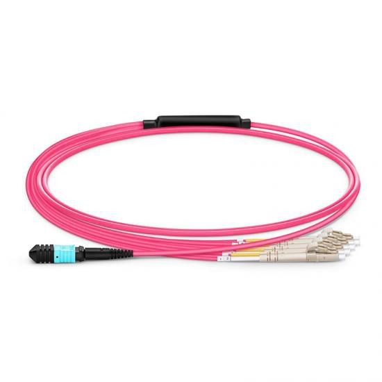 Violet 2-meter InfiniBand/fibre optic cable featuring LC connectors, with a durable outer layer and multiple fiber strands for high-speed data transmission.