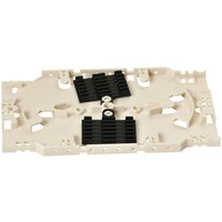 Grey Lanview splice tray with multiple slots and black components, designed for organizing 12 fiber optic connections.
