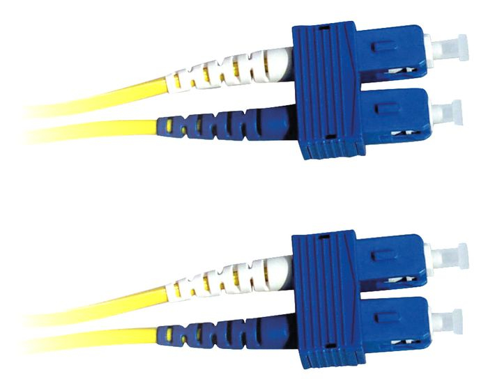 Yellow 3-meter InfiniBand/fibre optic cable featuring two blue SC connectors, designed for high-speed data transmission.