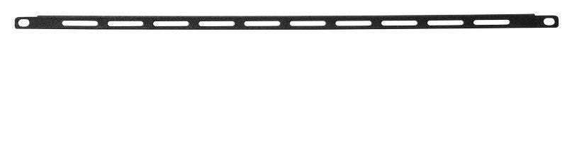 Black metal cable lacing bar with multiple elongated slots for securing cables, designed for rack mounting, featuring a sleek and sturdy construction.