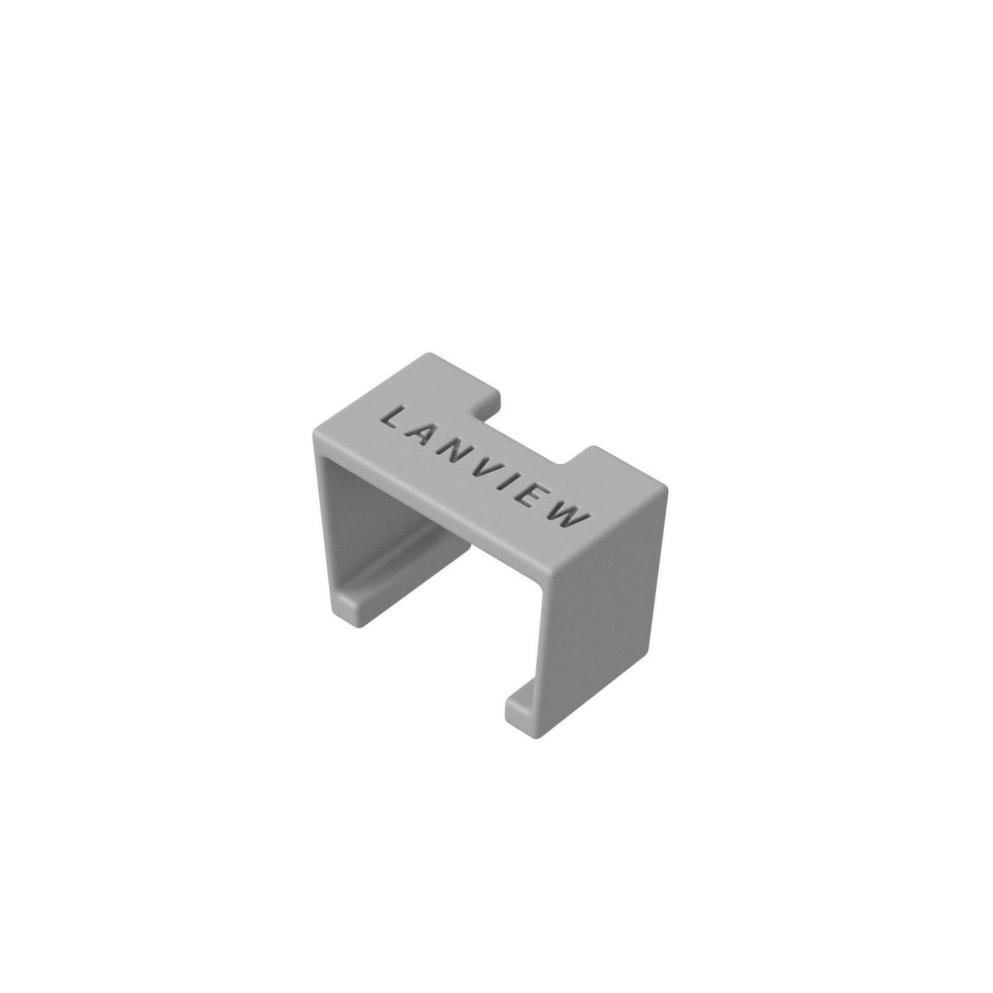 Gray plastic cable accessory clip with "LANVIEW" embossed on the front, designed for color coding cables.