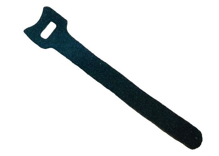 Black nylon cable tie with a hook and loop design, featuring a flat, elongated strap and a cut-out at one end for easy fastening and securing cables.