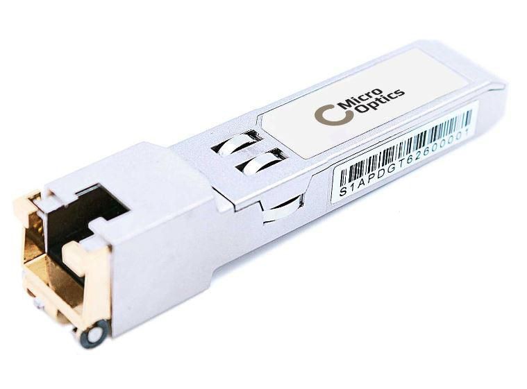 Silver metal network transceiver module with a gold-plated connector, labeled "Micro Optics," featuring a barcode and a compact design for fiber optic connectivity.