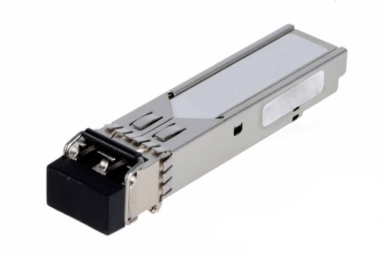 Silver metal network transceiver module with a black connector end, featuring a sleek design and a reflective surface, labeled with model number MO-G-S31121-3CL10.
