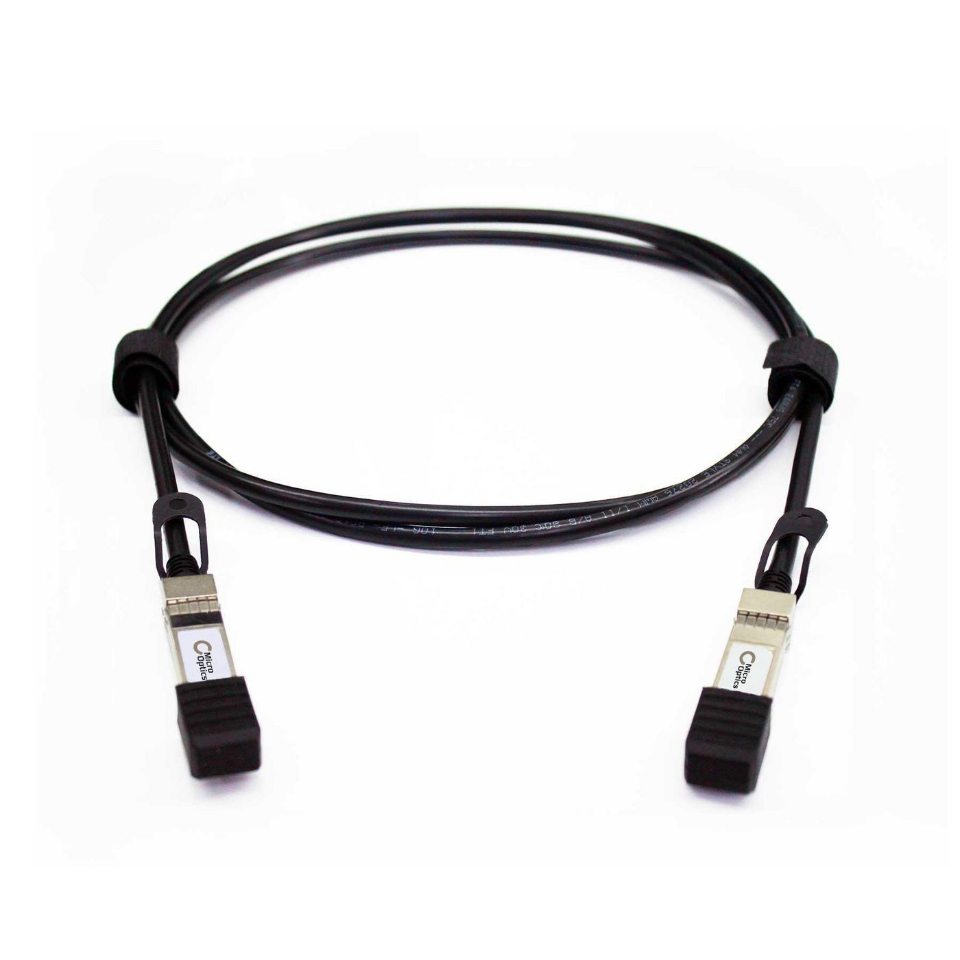 Black 5-meter InfiniBand/fibre optic cable with SFP+ connectors on both ends, featuring durable rubber strain relief and a sleek design for high-speed data transmission.