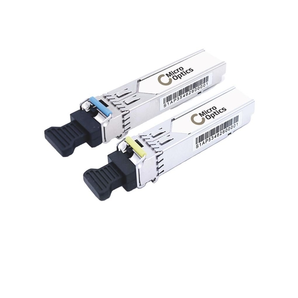 Two silver fiber optic transceiver modules with blue and yellow clips, labeled "Micro Optics" and featuring barcodes, designed for 1000 Mb network connections.
