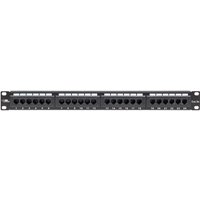 Black Lanview PCHPNEL 1U C5e patch panel with 24 ports and labeled slots in a rectangular metal frame.